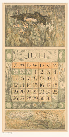 Calendar sheet July with redshank, Theo van Hoytema, 1913 Canvas Print