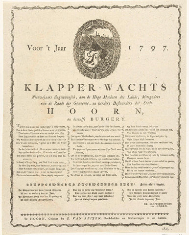 New Year's print of the Hoornse klapperwacht for the year 1797, anonymous, 1796 - 1797 Canvas Print