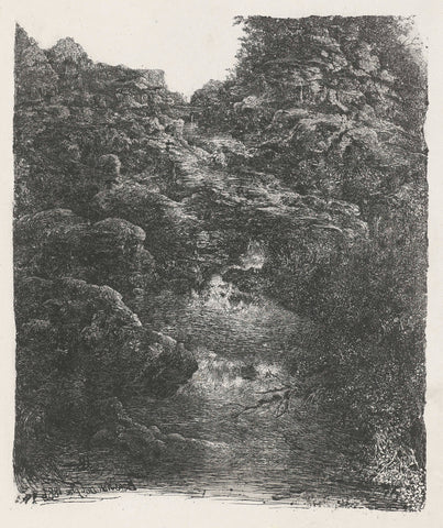 Rocky landscape with brook and waterfall, Rodolphe Bresdin, 1884 Canvas Print