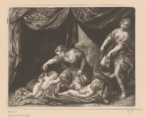 Two nymphs of Diana steal the arches of sleeping cupids, John Smith (printmaker/ publisher) (attributed to), 1662 - 1742 Canvas Print