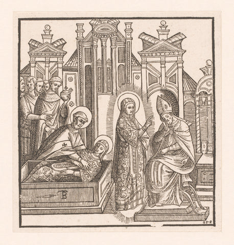 Holy comforts a sitting bishop and is buried, Monogrammist TB (engraver), Monogrammist GPP, 1500 - 1599 Canvas Print