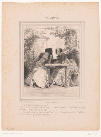 Two women meet on a terrace outside the city, Paul Gavarni, 1842 Canvas Print