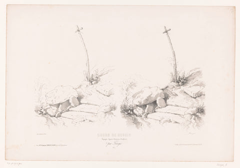 Two studies of a wooden cross in the rocks, Fortuné Férogio, 1845 - 1846 Canvas Print