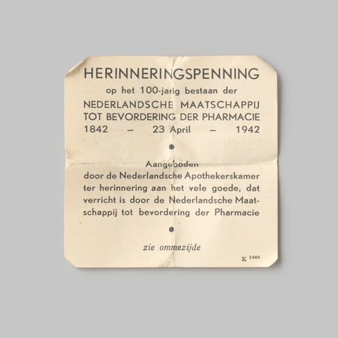 Description to the 100th anniversary of the Dutch Society for the Promotion of Pharmacy 1842 - 1942, Koninklijke Utrechtsche Fabriek van Zilverwerken by CJ Begeer, 1942 Canvas Print