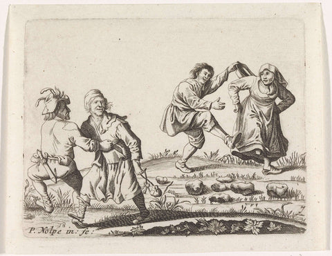 Two dancing peasant couples, Pieter Nolpe, 1623 - 1703 Canvas Print