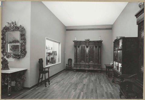 Room 162 with furniture including cabinets, a puppet show and a display case with dollhouse objects, 1957 Canvas Print