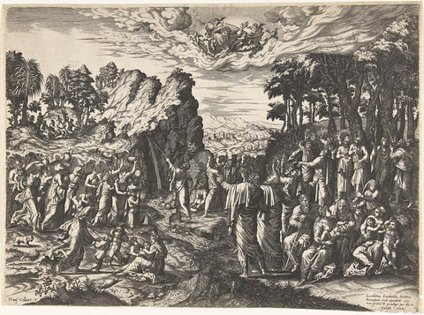 Moses knocks water out of the rock, Hans Collaert (I), 1555 Canvas Print