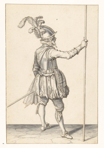 Soldier, seen on the back, holding his skewer upright with his right hand, Jacob de Gheyn (II), 1596 - 1606 Canvas Print