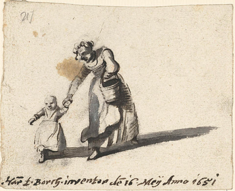 Woman bending over to grab the hand of a child, Harmen ter Borch, 1651 Canvas Print