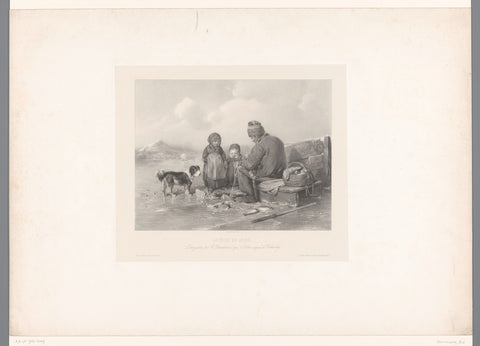 Fisherman with two children and a dog on the ice, Émilien Desmaisons, 1843 - 1846 Canvas Print