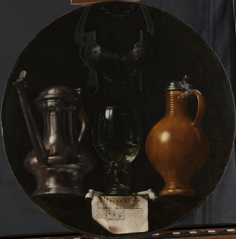 Emblematic Still Life with Flagon, Glass, Jug and Bridle, Johannes Torrentius, 1614 Canvas Print