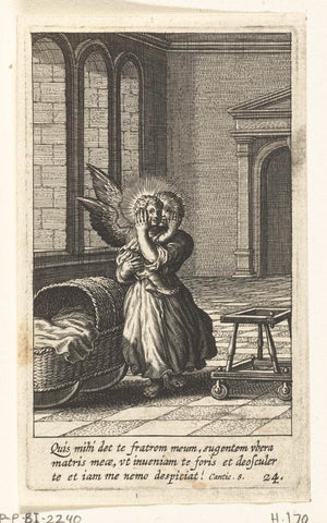 Child with angel at cradle and walker, Boëtius Adamsz. Bolswert, 1624 Canvas Print