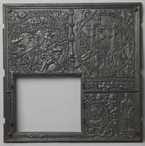 stove plate with creation of Eve and birth Christ, Philipp Soldan, c. 1525 - c. 1575 Canvas Print