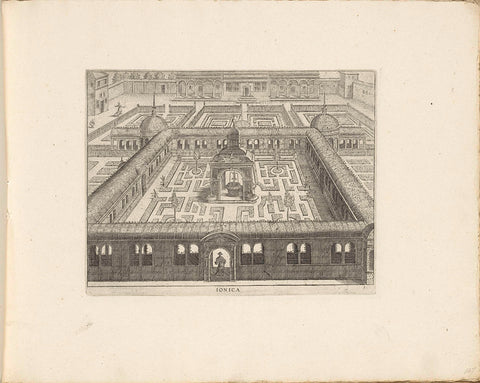 Garden with central first floor enclosed by a corridor of railings and in the middle a fountain, Hans Vredeman de Vries, c. 1635 - c. 1640 Canvas Print