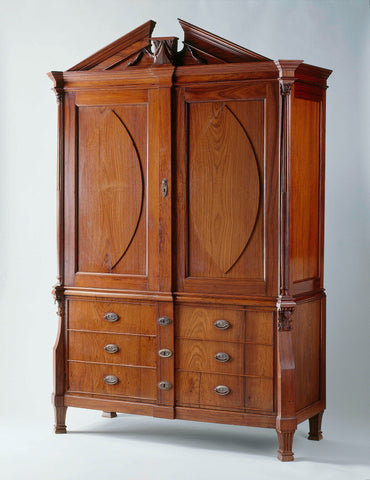 Cabinet of tropical wood with in doors pointed oval of ebony and above doors pediment with vase and laurel garland, anonymous, 1800 - 1810 Canvas Print