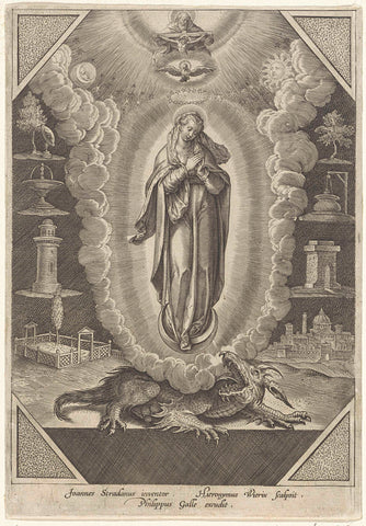 Maagd Maria geflankeerd door symbolen uit de Lauretaanse Litanie, Hieronymus Wierix, 1563 - before 1612 Canvas Print