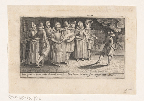 Groups of lovers walk by torchlight and accompanied by music through the street, c. 1610, anonymous, 1611 - 1613 Canvas Print