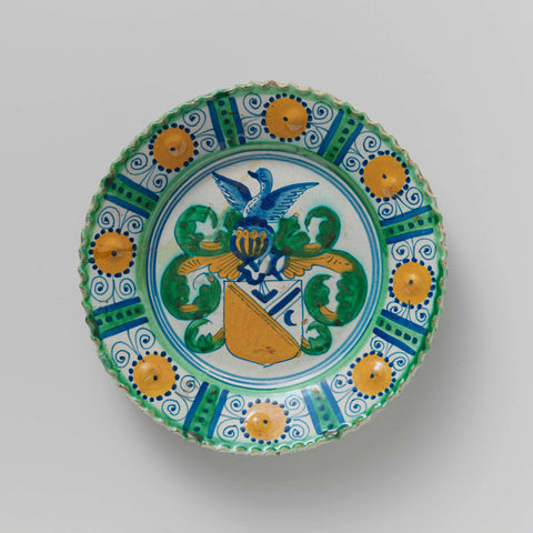 Plate, multicolored painted with a coat of arms on the shelf with bird or duck as helmet sign. Border divided into eight compartments containing a stylized flower., anonymous, c. 1625 - c. 1640 Canvas Print