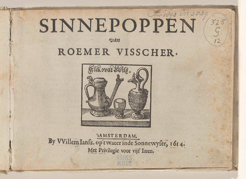 Title page for Roemer Visscher, Sinnepoppen, 1614, Roemer Visscher, 1614 Canvas Print