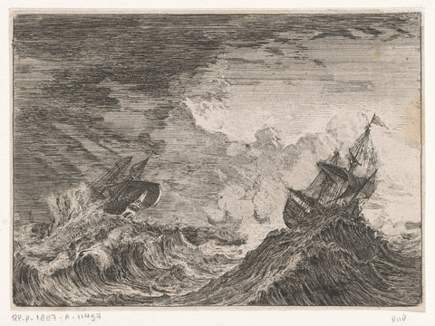 Two sailing ships lifted by the waves during a storm, Johann Wilhelm Baur, 1640 Canvas Print