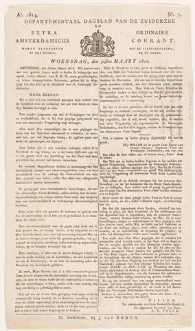 Departementaal Dagblad van de Zuiderzee. Extra Ordinaire Amsterdamsche Courant. Ao 1814 / No. 7 / 30 March 1814, Stadsdrukkerij, 1814 Canvas Print