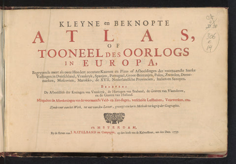 Title page for: Kleyne en beknopte Atlas, or Tooneel des Oorlogs in Europa, Amsterdam 1735, inherit J. Ratelband &Co, 1735 Canvas Print