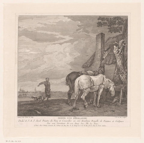 Landscape with two grazing horses at a stable, Jacques-Philippe Le Bas, c. 1745 Canvas Print