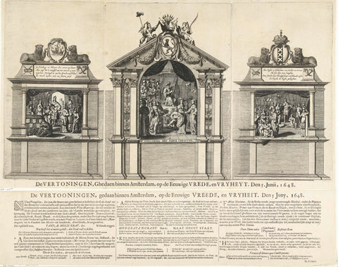 Text sheet accompanying the print of the emblematic displays performed on Dam Square in honor of the Peace of Munster, 1648, Pieter Nolpe, 1648 Canvas Print