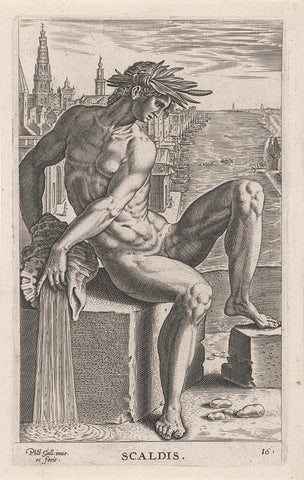 River god Scaldis, Philips Galle, 1586 Canvas Print