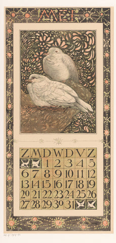 Calendar sheet May with two pigeons, Theo van Hoytema, 1905 Canvas Print