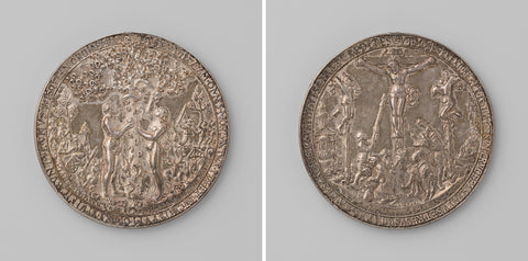 Fall and crucifixion, medal struck by order of Johan Frederik the Generous, Elector of Saxony, Hans Reinhart (der Ältere), 1536-1607 Canvas Print