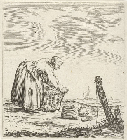 Dune landscape with a woman, bent over a basket, Gillis van Scheyndel (I), 1603 - 1653 Canvas Print