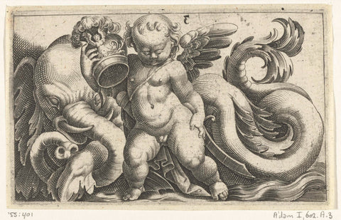 Putto with a helmet in the arm of a sea elephant, Adam Fuchs, c. 1526 - 1606 Canvas Print