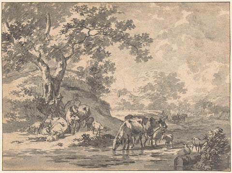 Landscape with shepherd and cattle under tree at water, Jacob Cats (1741-1799), 1777 Canvas Print