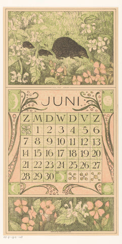 Calendar sheet June with hedgehogs, Theo van Hoytema, 1913 Canvas Print