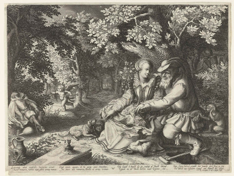 Dead and Cupid shoot each other's arrows and old man courtes young woman, Boëtius Adamsz. Bolswert, 1595 Canvas Print