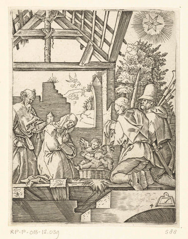 Shepherds kneel in worship at the Christ Child in the stable, Marcantonio Raimondi, 1510 - 1515 Canvas Print