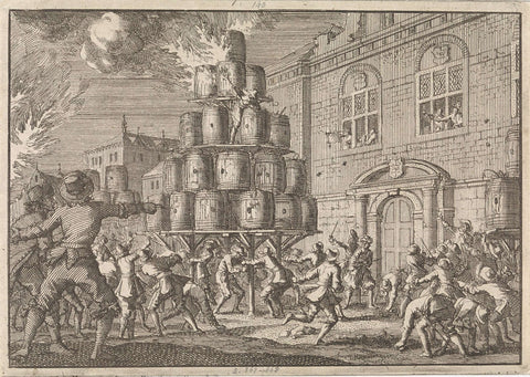 The people of Brussels prevented the ignition of a bonfire erected in honor of the victory over the English in the Four Days Battle, 1666, Jan Luyken, 1698 Canvas Print