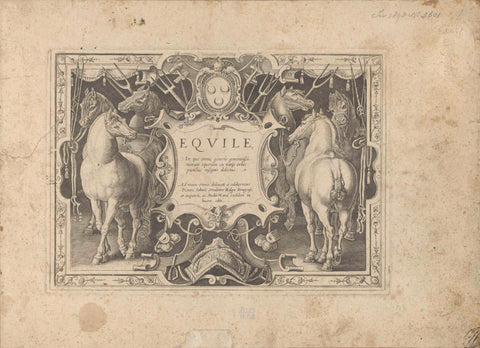 Ornament cartouche with title flanked by horses, anonymous, 1624 - before 1648 Canvas Print