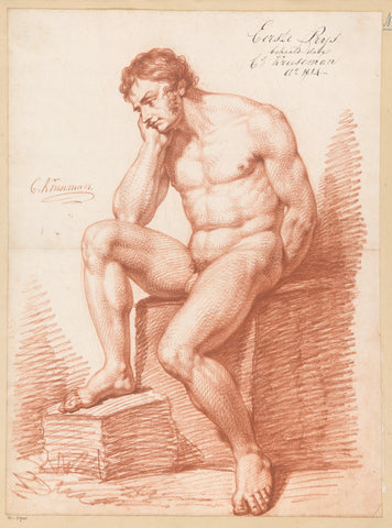 Seated male nude, seen from the front (1st prize 1814), Cornelis Kruseman, 1814 Canvas Print