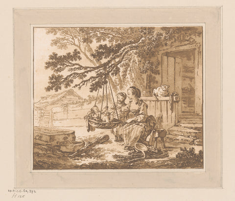 Young Woman with Two Children in Front of a House, Jean Baptist Leprince, 1769 Canvas Print