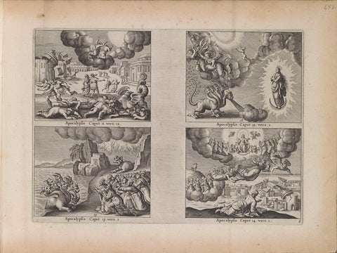 Two Witnesses / Giving Birth woman and seven-headed dragon / Adoration of the Seven-Headed Beast / Adoration of the Lamb on Mount Zion and three proclaiming angels, anonymous, 1643 Canvas Print