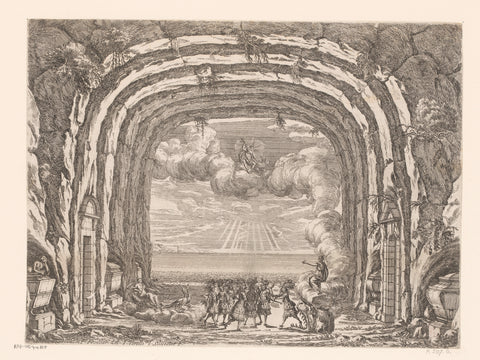 Stage set with a view of the sea from a cave, in the foreground a group of dancers, Israel Silvestre, 1654 Canvas Print