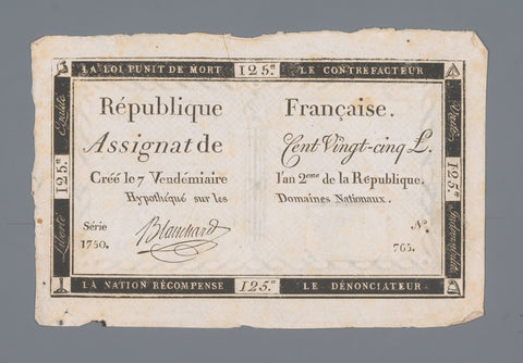 Assignat of one hundred and twenty-five livres, series 1750, no. 765 published 28 September 1793, République Francaise, 1793 - 1794 Canvas Print