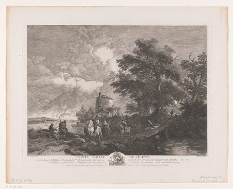 Hunting company in a landscape with bridge, Jean Moyreau, 1758 Canvas Print