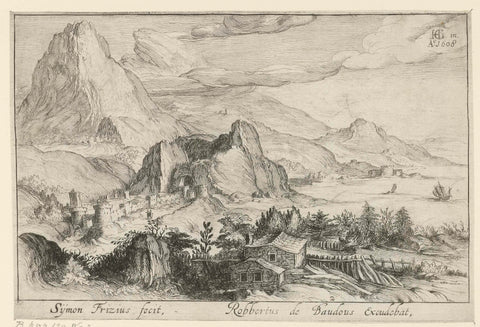 Mountain landscape with a house in the foreground, Simon Frisius, 1608 Canvas Print