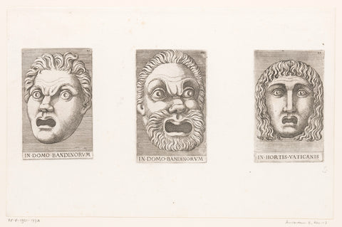 Three antique masks, Adamo Scultori (attributed to), 1540 - 1585 Canvas Print