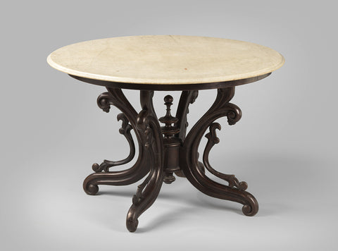 Round table of black colored tropical wood with top of white marble and C-volute-shaped legs. So-called spinnekoptafel, anonymous, c. 1850 - c. 1899 Canvas Print