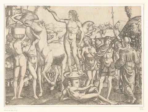 Naked man with torch stands on pedestal surrounded by naked men with horse and vase and soldier flanked by virtues Prudence and Love, Marcantonio Raimondi, 1510 - 1527 Canvas Print