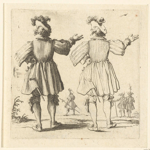 Twice the same soldier with large plumed hat and raised arm, seen on the back, Jacques Callot, 1621 - 1624 Canvas Print